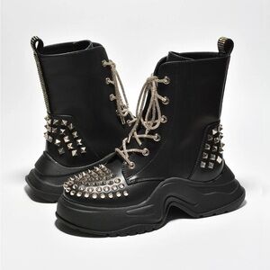 •CAPE ROBBIN• “Jadey” Spike Studs Rhinestone Chunky Lug Boots - Black // NIB